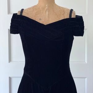 Vintage 90s Black Velvet Dress | Off Shoulder Midi Prom Dress | Size 8